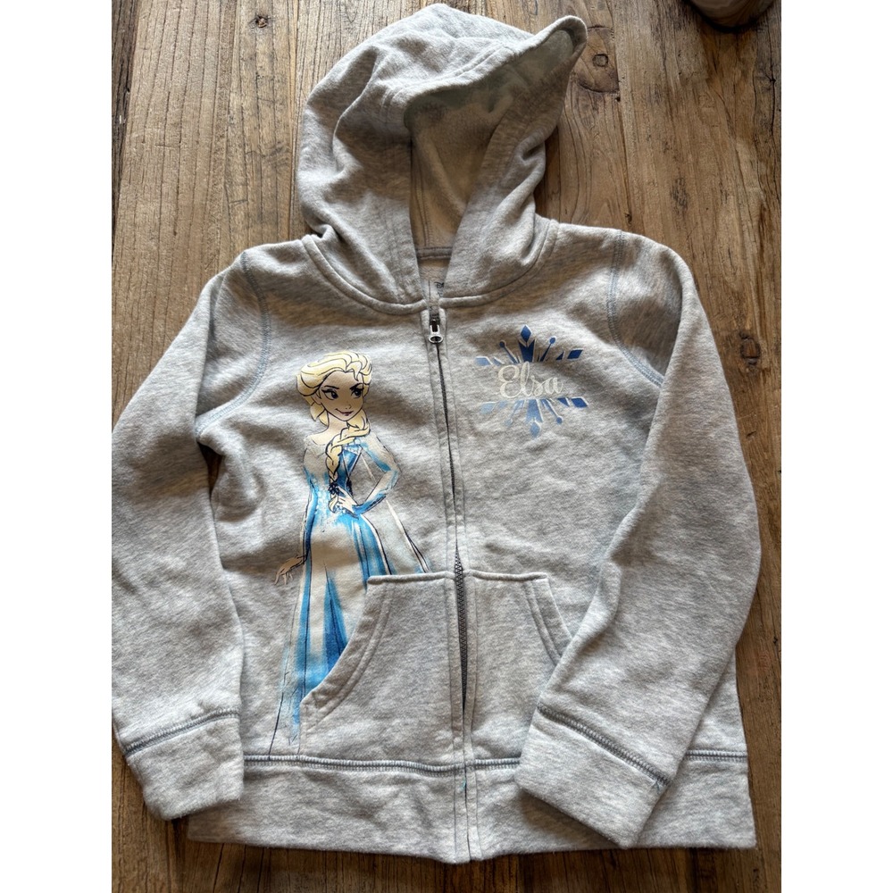 Girls Disney Frozen Elsa Zip-Up Hoodie Gray Graphic Print Pullover‎